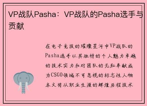 VP战队Pasha：VP战队的Pasha选手与贡献